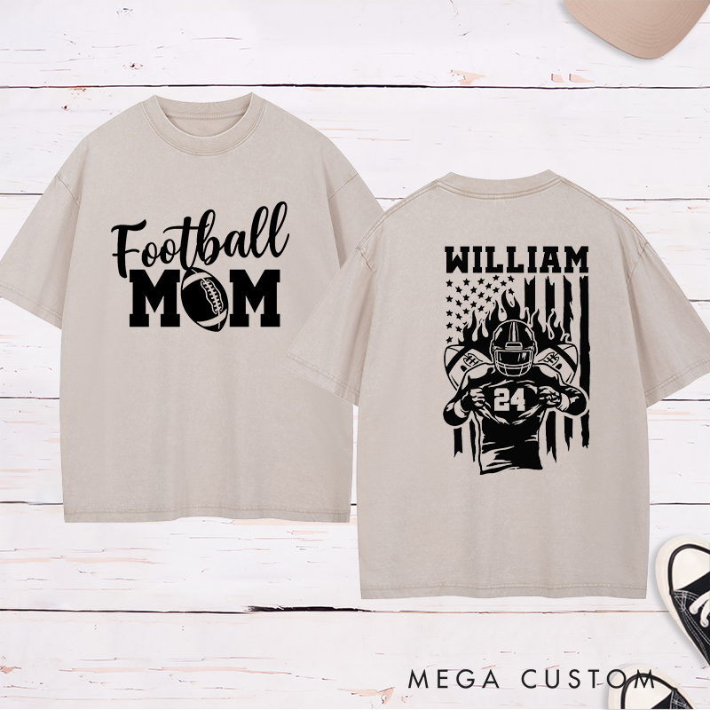 Personalized American Football Mom Washed T-Shirts Featuring Custom Team Name and Number for Proudly Supporting Your Star Player