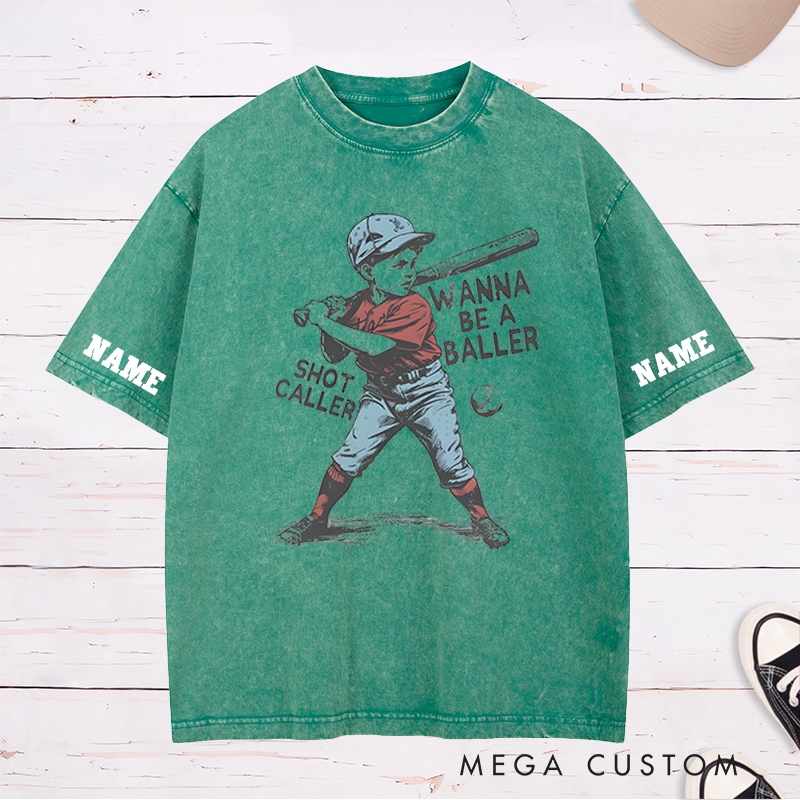 Personalized "Wanna Be a Baller" Vintage Baseball Washed T-Shirt with Custom Name and Number 