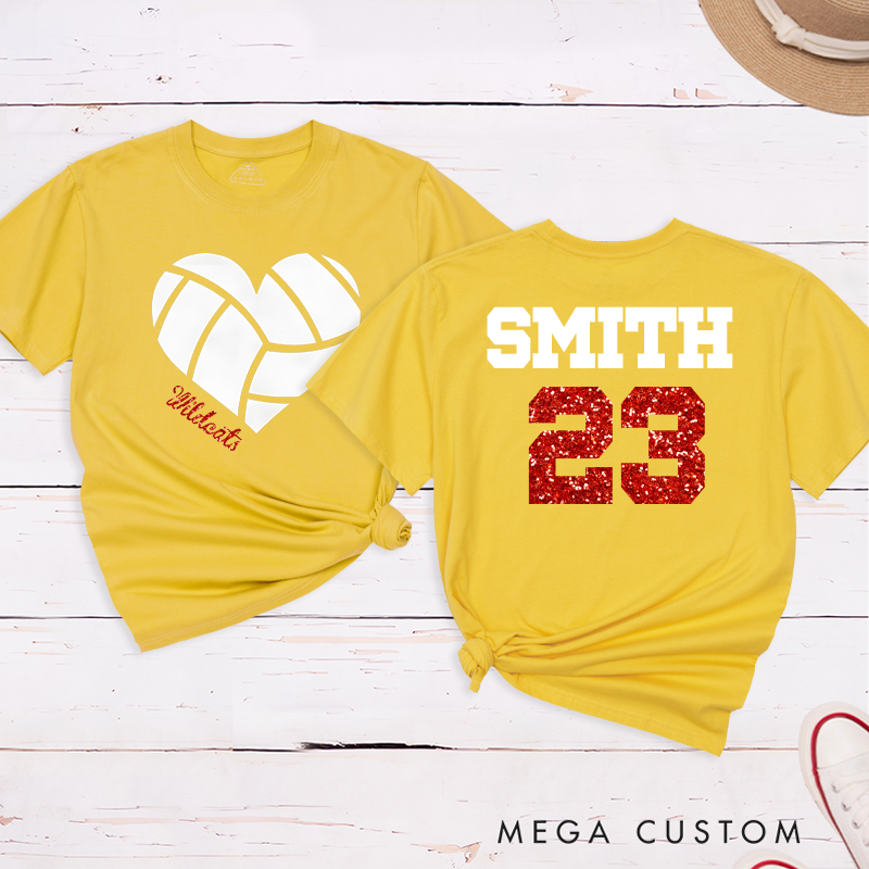 Personalized Glitter Heart Volleyball T-Shirts Featuring Your Team Name and Number