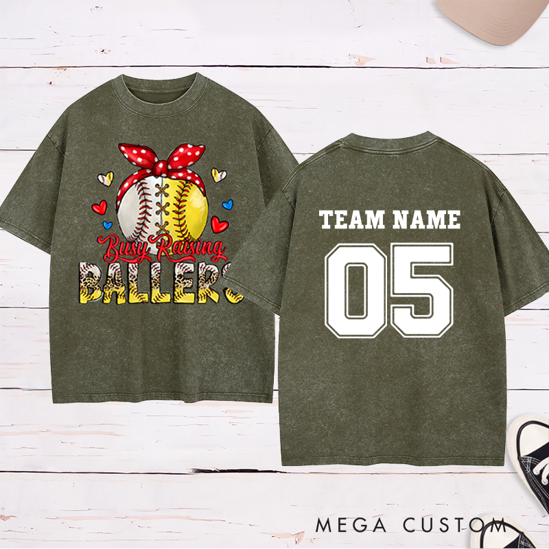 Personalized "Busy Raising Ballers" Washed T-Shirt with Custom Name and Number   