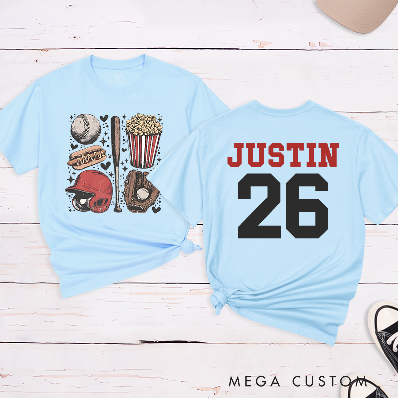 Personalized Sports Fan Tee with Baseball-Themed Graphics and Custom Text