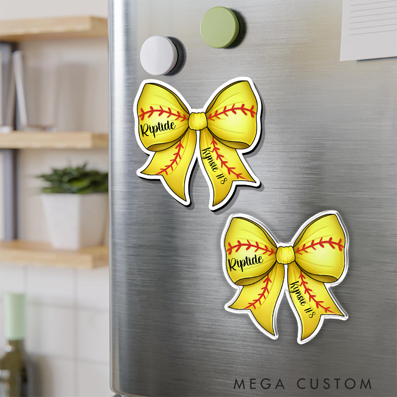 Personalized Softball Refrigerator Magnet with Custom Name Number Team Name and Yellow Bow Stitching Design