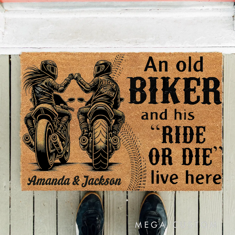 Personalized An Old Biker and His Ride or Die Live Here Doormat with Custom Name Doormat Perfect Gift for Motorcycle Enthusiasts
