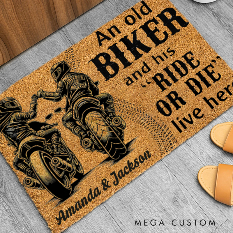 Personalized An Old Biker and His Ride or Die Live Here Doormat with Custom Name Doormat Perfect Gift for Motorcycle Enthusiasts