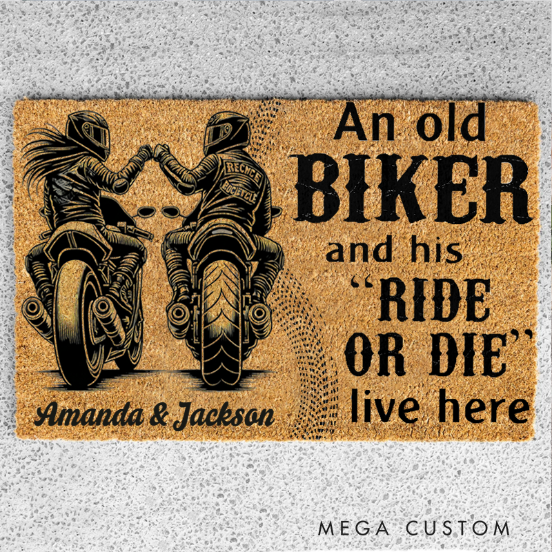 Personalized An Old Biker and His Ride or Die Live Here Doormat with Custom Name Doormat Perfect Gift for Motorcycle Enthusiasts