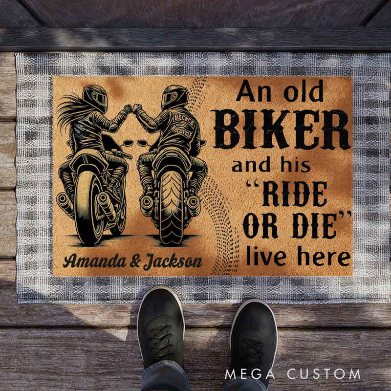 Personalized An Old Biker and His Ride or Die Live Here Doormat with Custom Name Doormat Perfect Gift for Motorcycle Enthusiasts