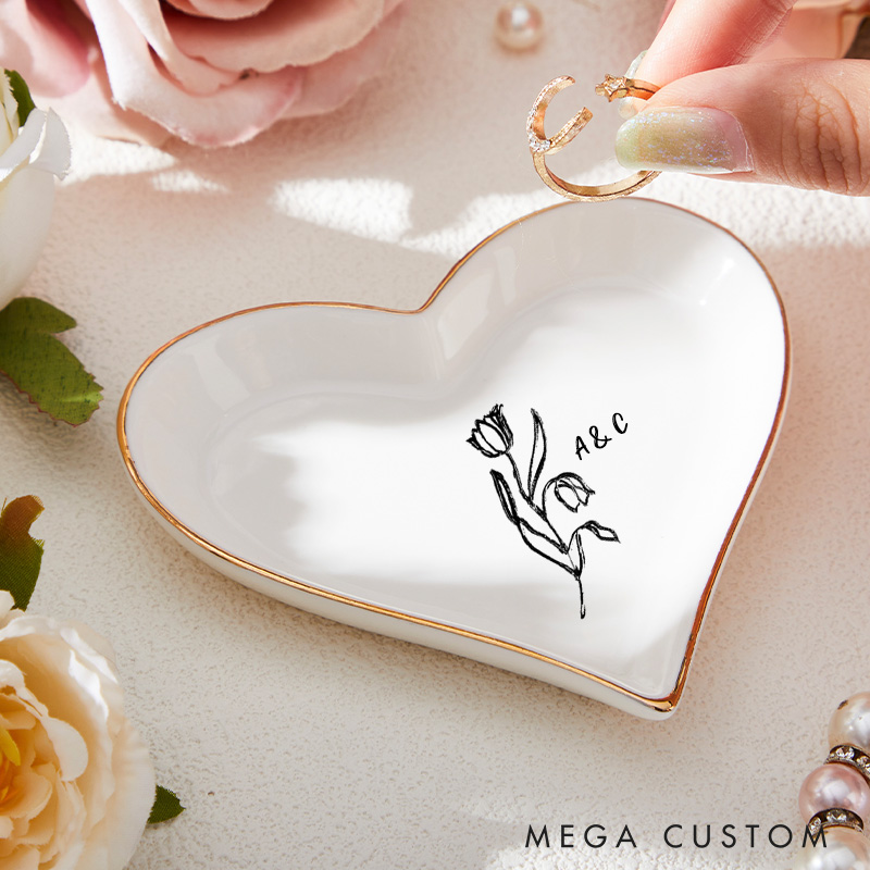 Personalized Artistic Floral Tulip Initials with Date Wedding Engagement Gold-Trimmed Ring Dishes