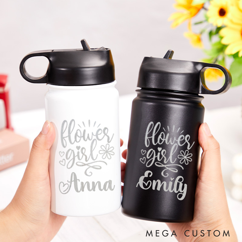 Personalized Flower Girl with Hearts and Flowers Wedding 12oz Engraved Kids Water Bottle with Straw