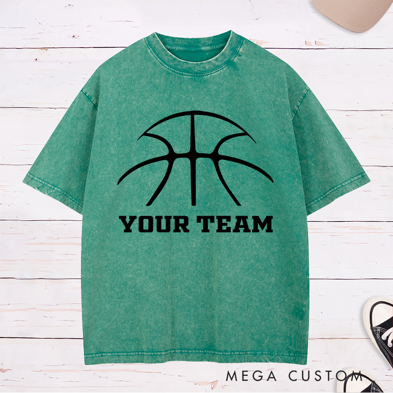 Personalized Washed T-Shirt Design Featuring a Minimalist Basketball Graphic with Customizable Team Name in Bold Text