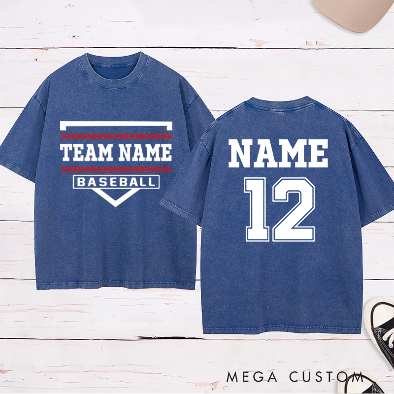 Personalized Team Baseball Washed T-Shirt with Shield Design and Custom Name and Number
