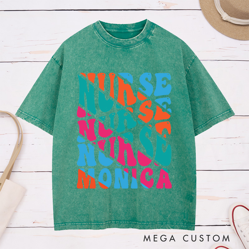Personalized Nurse Washed T-Shirt Customized Bold Nurse Nurse Design Washed T-Shirt 