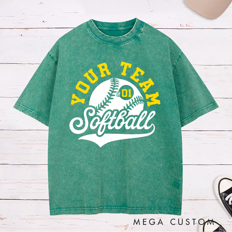 Personalized Softball Washed T-Shirt Team Logo Design Featuring a Customizable Team Name Dynamic Softball Graphic and Customizable Player Number