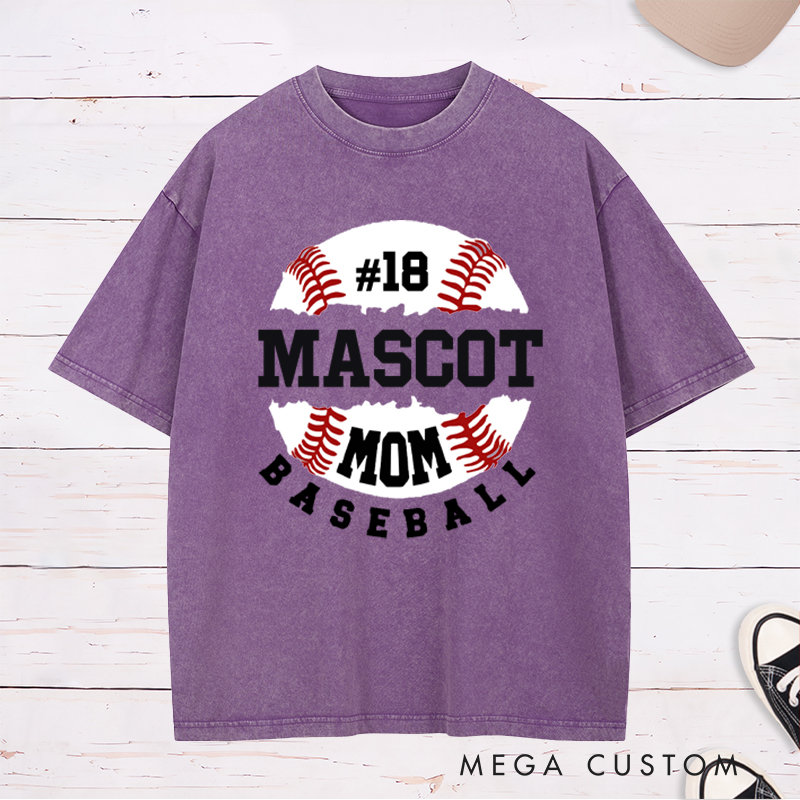 Personalized Baseball Mom Washed T-Shirt with Custom Name and Player Number Design
