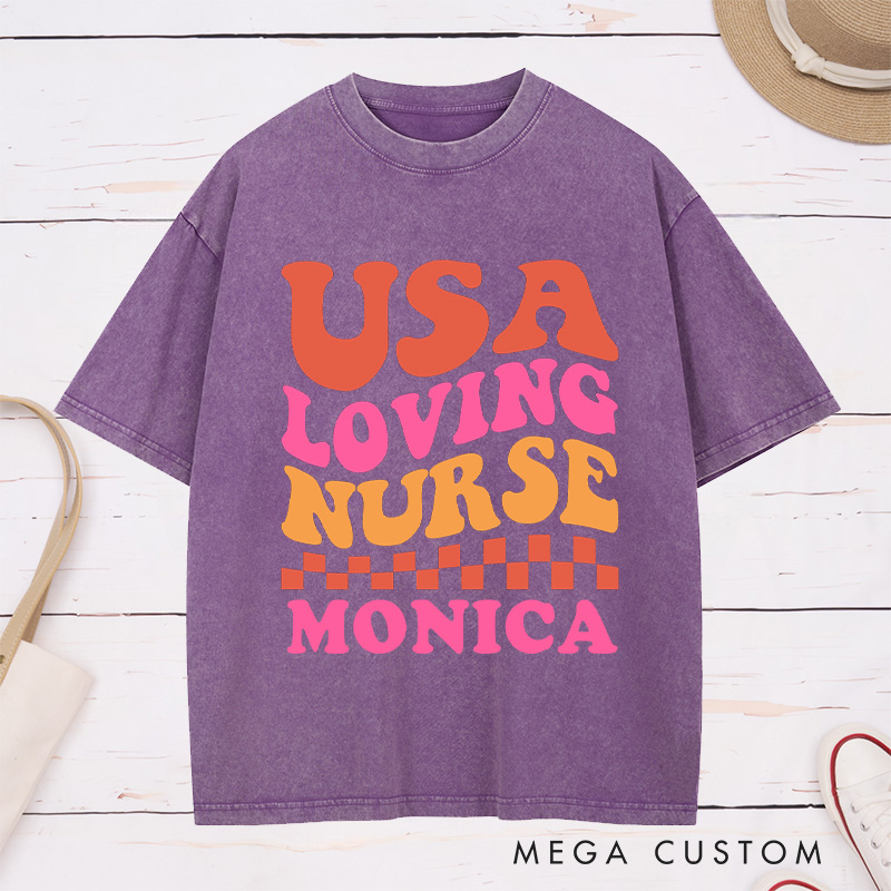 Personalized Nurse Washed T-Shirt Customized USA Loving Nurse Design Washed T-Shirt 