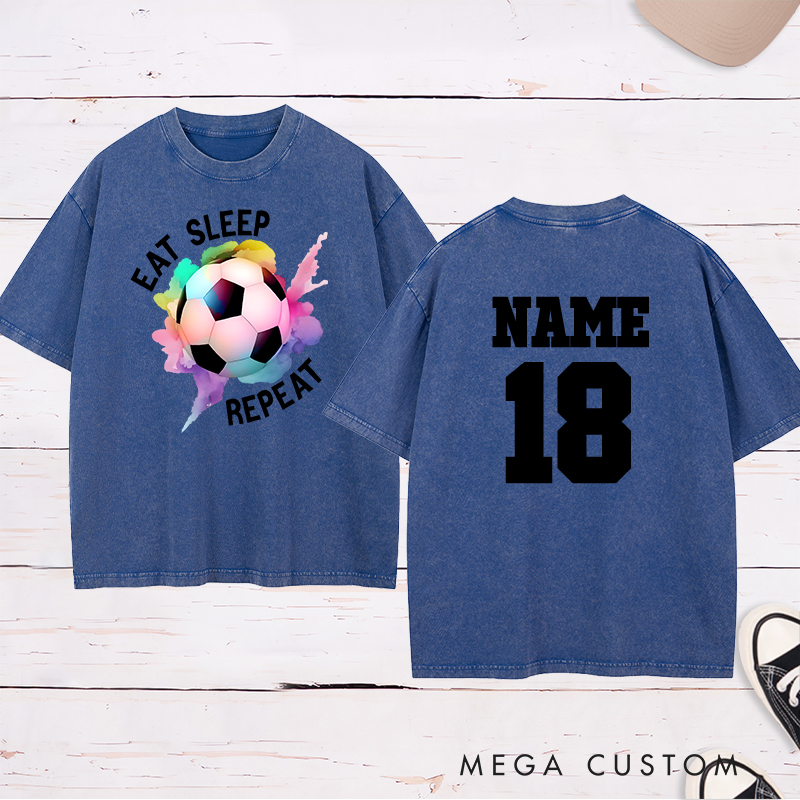 Personalized Soccer Washed T-Shirt with "Eat Sleep Repeat" Design and Custom Name and Number