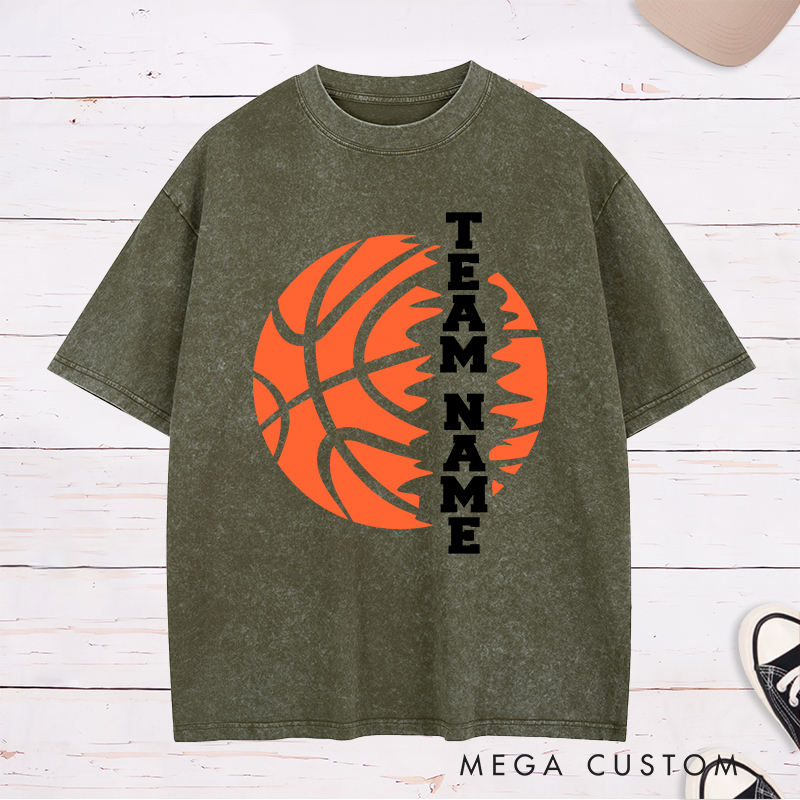 Personalized Washed T-Shirt Design Featuring Custom Team Name with Bold Vertical Text and Dynamic Basketball Graphic