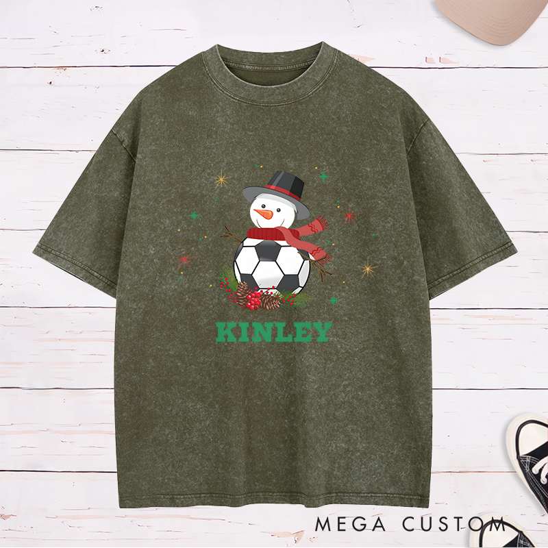 Personalized Snowman Soccer T-Shirt with Custom Name Christmas Design
