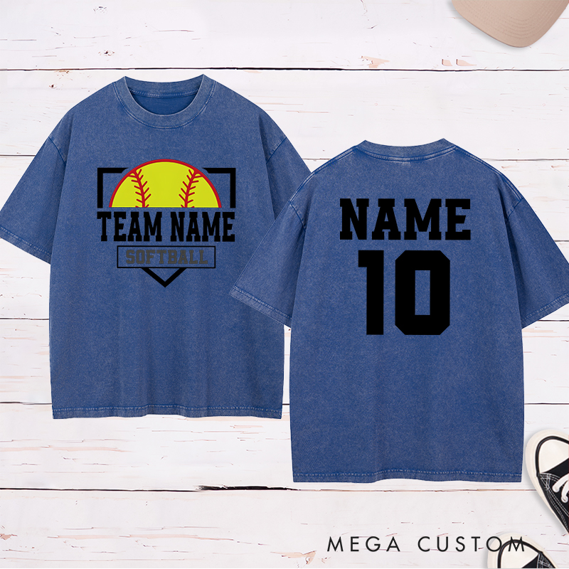 Personalized Softball Team Washed T-Shirt Design Featuring Custom Team Name Player Name and Number with Bold Graphics