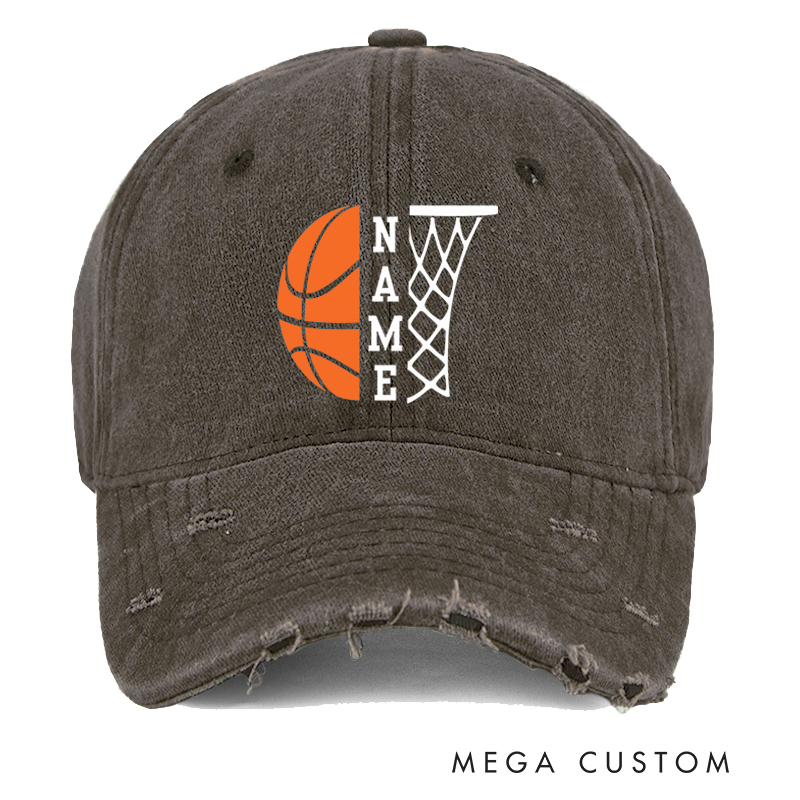Personalized Distressed Denim Basketball Cap with Custom Name Basketball Graphic and Hoop Design
