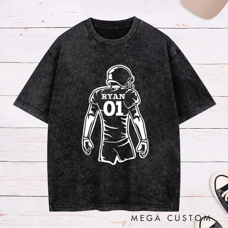 Personalized American Football Player Silhouette Design Washed T-Shirt with Custom Name and Number