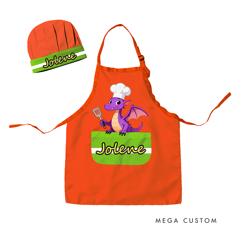 Personalized Little Flying Dragon Adjustable Kid Apron Chef Hat Set with Pocket and Name for Cooking Baking Birthday Holiday Gift for Kids