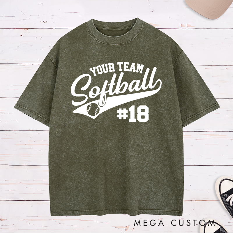 Personalized Softball Team Washed T-Shirt Design Featuring Customizable Team Name Elegant Script Softball Text Dynamic Swoosh Element Baseball Graphic and Custom Player Number