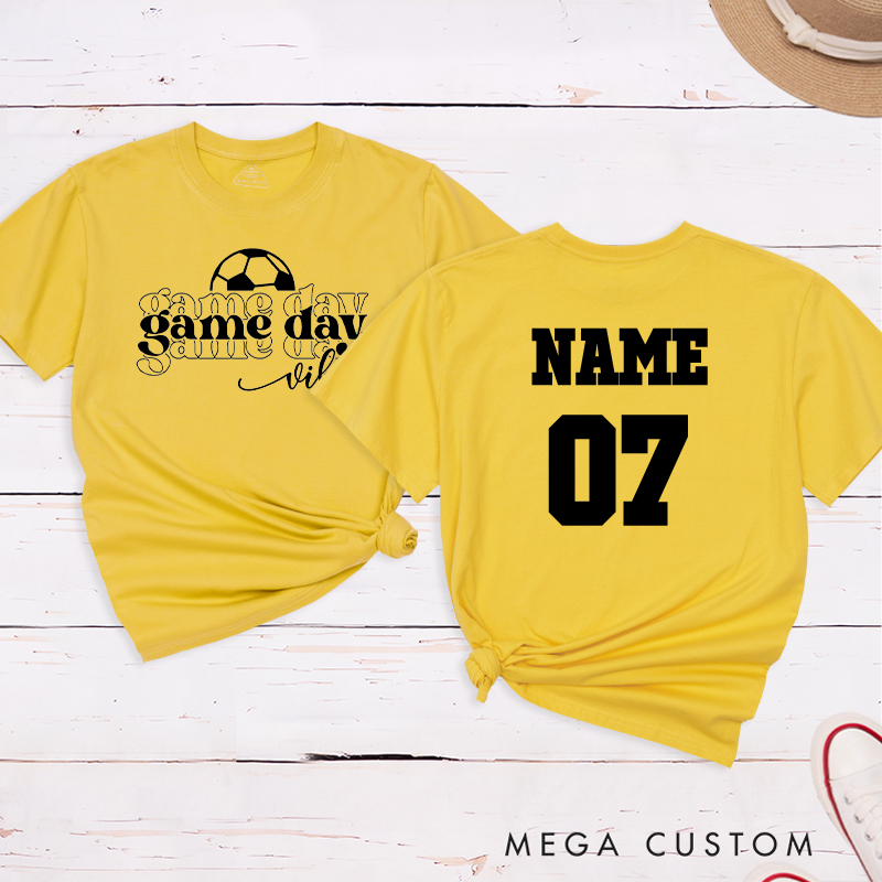 Personalized Game Day Vibes T-Shirt Featuring Layered Typography and Custom Name and Number