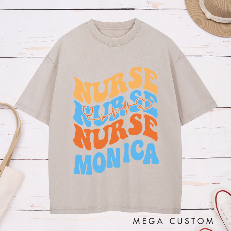 Personalized Nurse Washed T-Shirt Customized Heartbeat Nurse Design Washed T-Shirt 