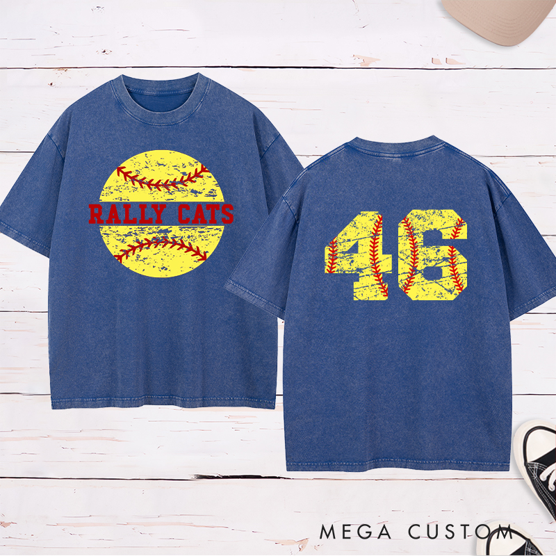 Personalized Softball Washed T-Shirt Design Featuring Custom Team Name Distressed Softball Graphic and Bold Jersey Number on the Back
