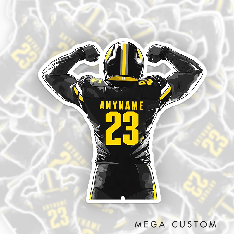 Personalized American Football Player Sport Sticker with Custom Name and Number for Water Bottle Laptop
