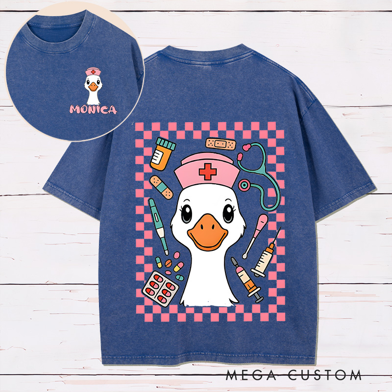 Personalized Two Sides Printed Washed T-Shirt Customized Nurse Goose Fun Design Washed T-Shirt 