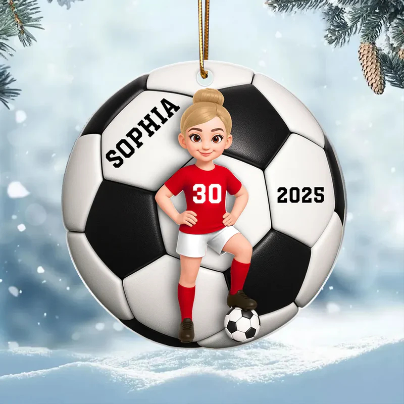 Personalized Soccer Christmas Ornament with Custom Name, Number, and Year Design