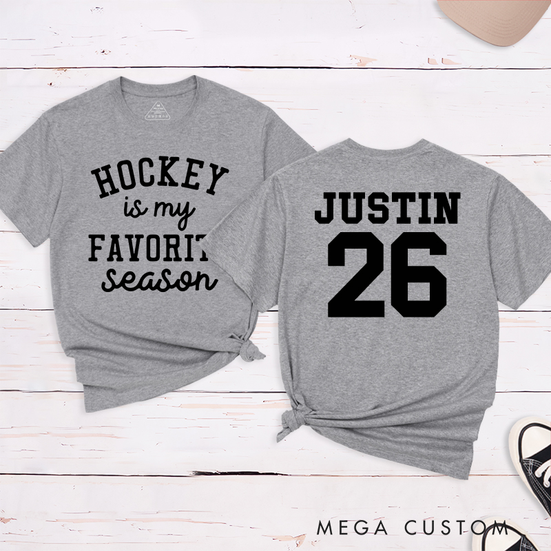 Personalized "Hockey Is My Favorite Season" T-Shirt with Custom Name and Number