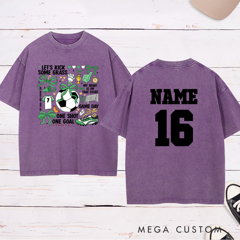 Personalized Soccer Washed T-Shirt with Fun "Let's Kick Some Grass" Design and Custom Name and Number