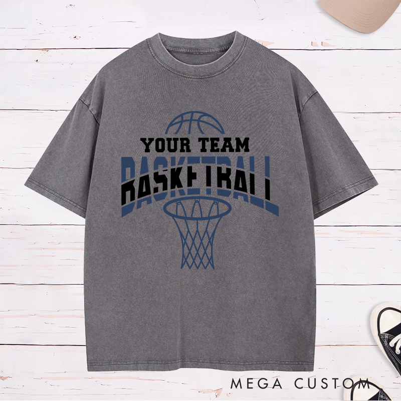 Personalized Washed T-Shirt Design Featuring Dynamic Basketball Graphics with Customizable Team Name