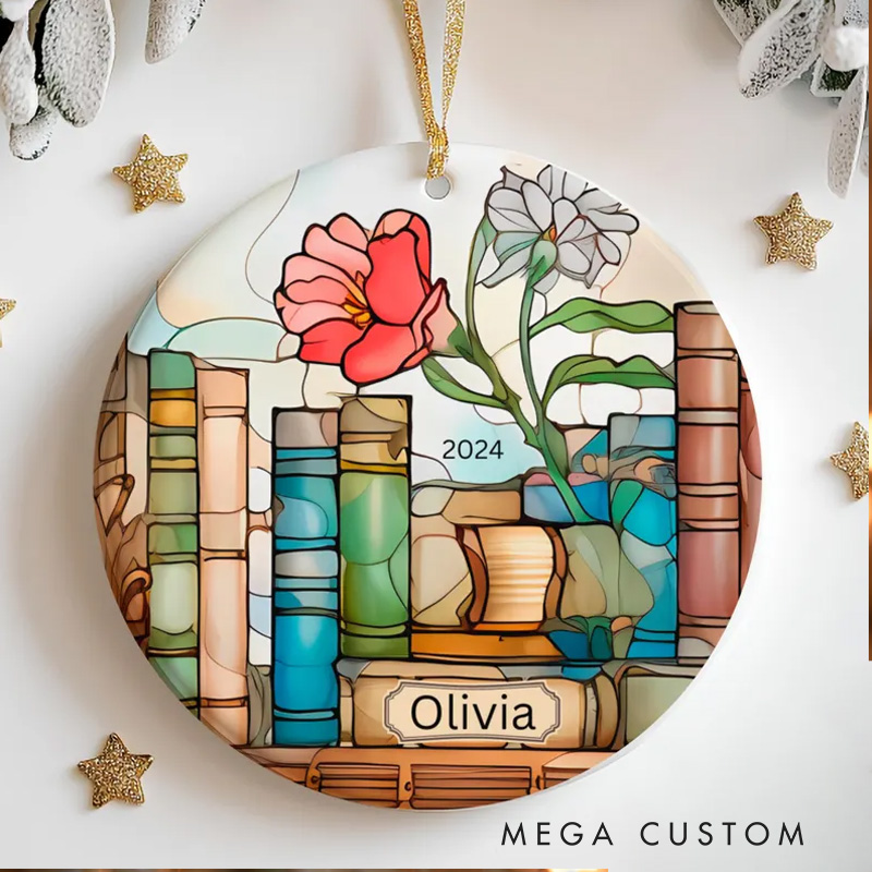 Personalized Book and Flower Christmas Ornament Librarian Ornament with Name Bookish Ornaments for Book Lovers Gift Librarian Gift