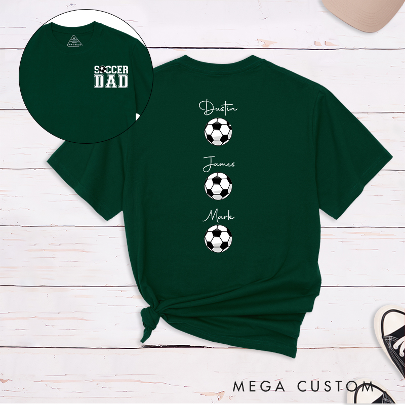 Personalized Soccer Dad T-Shirt with Custom Kids’ Names and Ball Graphics