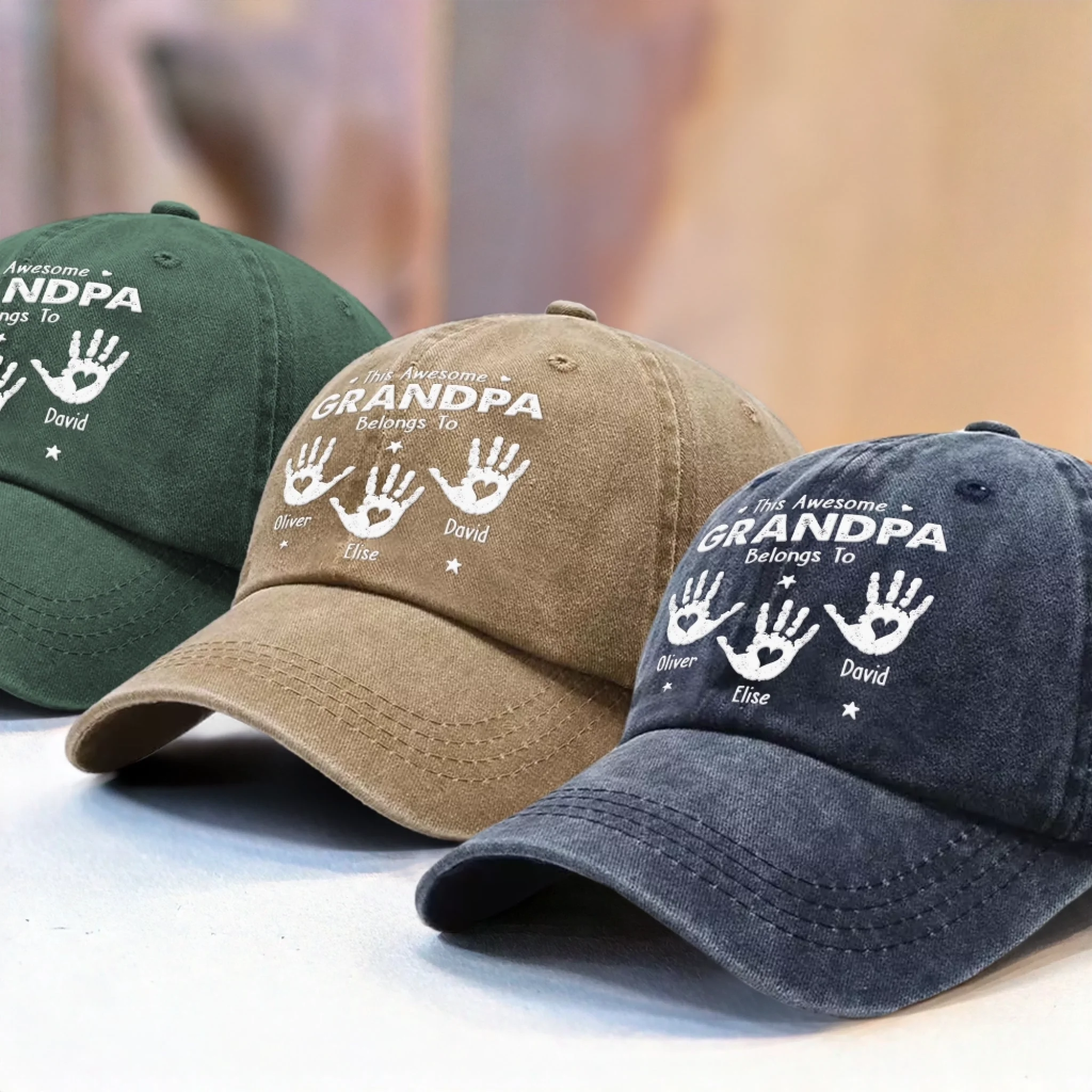 Personalized Proud Grandpa Of Little Hands Vintage Washed Denim Baseball Cap Gifts for Dad Grandpa