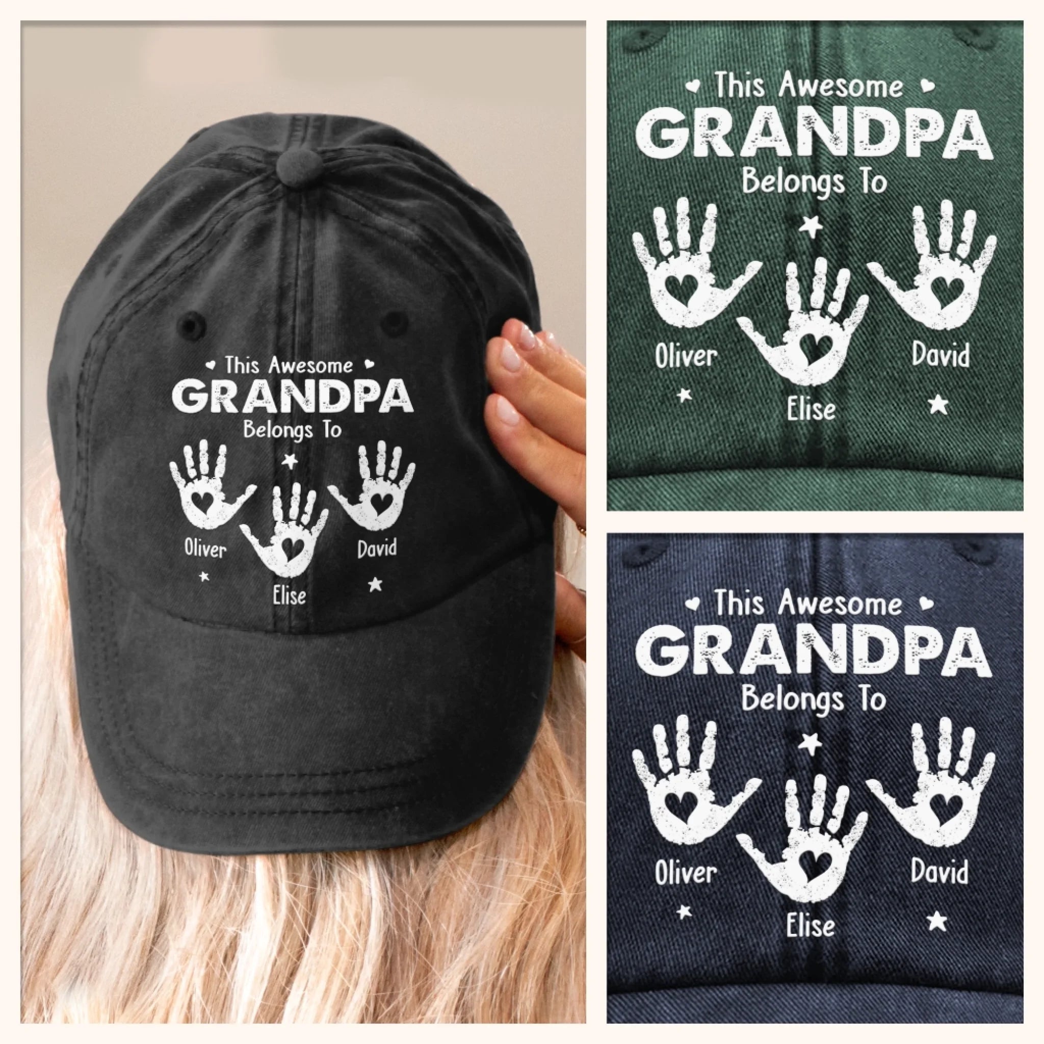 Personalized Proud Grandpa Of Little Hands Vintage Washed Denim Baseball Cap Gifts for Dad Grandpa