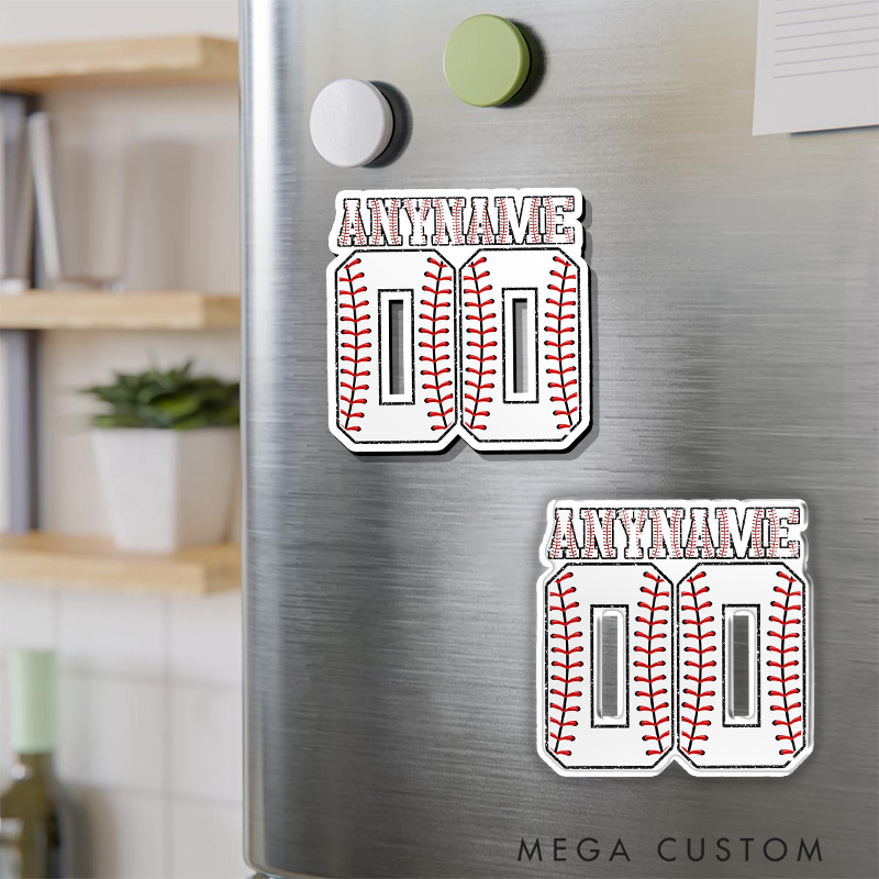 Personalized Athletic Fridge Magnet with Large Number and Baseball Stitch Design 