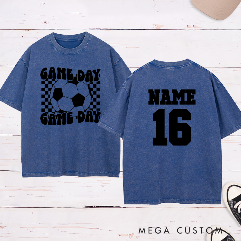 Personalized Game Day Soccer Washed T-Shirt with Bold Checkerboard Design and Custom Name and Number