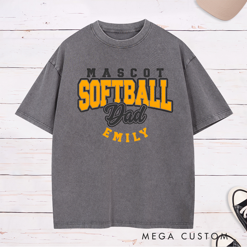 Personalized Softball Dad Washed T-Shirt Design Featuring Custom Team Name Player Name Bold Typography and Stylish Script Accent
