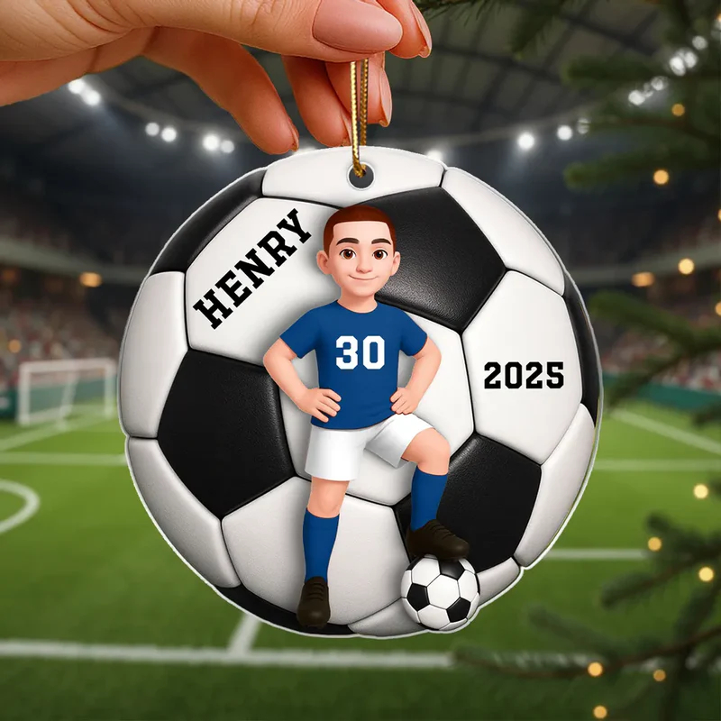 Personalized Soccer Christmas Ornament with Custom Name, Number, and Year Design