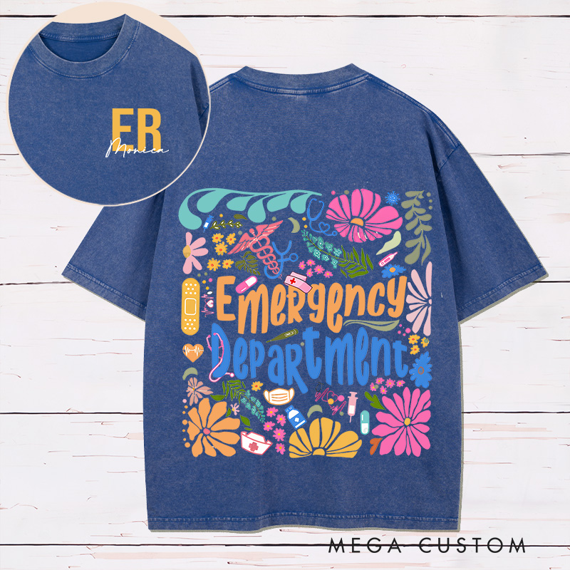 Personalized Two Sides Printed Washed T-Shirt Customized Emergency Department Vibrant Floral Design Washed T-Shirt 