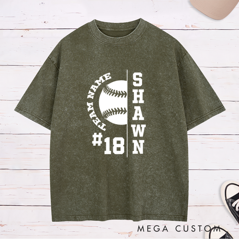 Personalized Baseball Washed T-Shirt with Half Baseball Graphic and Custom Name and Number
