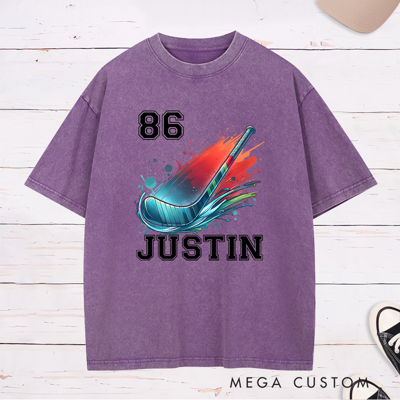 Personalized Athletic Washed T-Shirt with Hockey Stick and Customizable Name