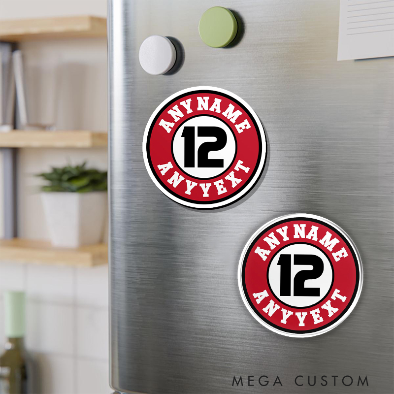 Personalized Baseball Fan Fridge Magnet with Striking Circular Design with Custom Name and Number  