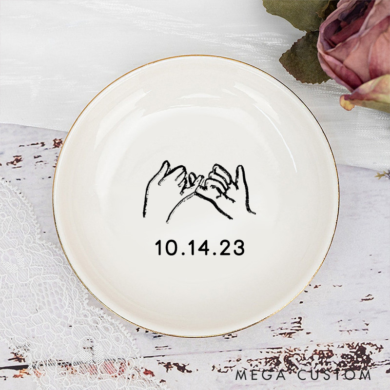 Personalized Minimalist Hand-in-Hand with Date Wedding Engagement Gold-Trimmed Ring Dishes