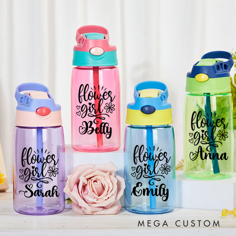 Personalized Flower Girl with Hearts and Flowers Wedding 16oz Kids Water Bottle with Straw