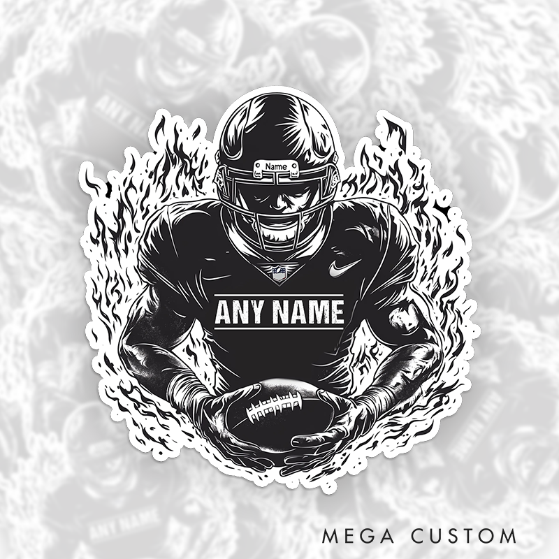 Personalized American Football Player Fire Sticker with Custom Name and Number 